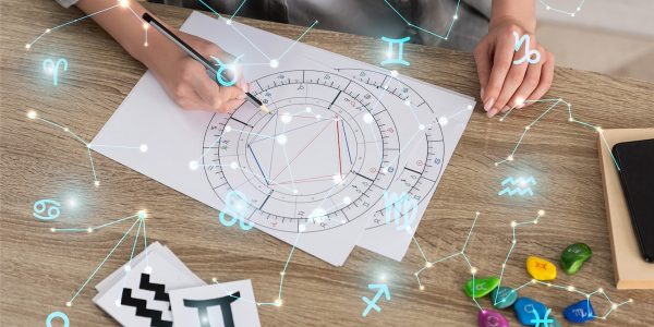 Cropped view of woman drawing natal chart by zodiac signs and constellations