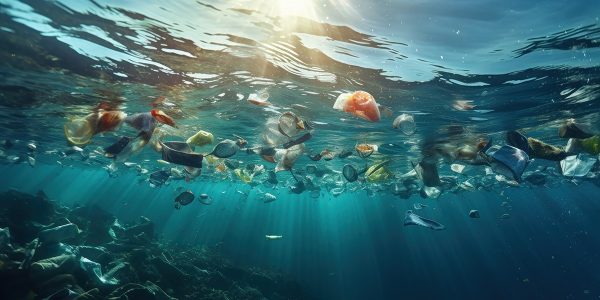 Plastic waste quietly gathers in the ocean, unnoticed by marine life.