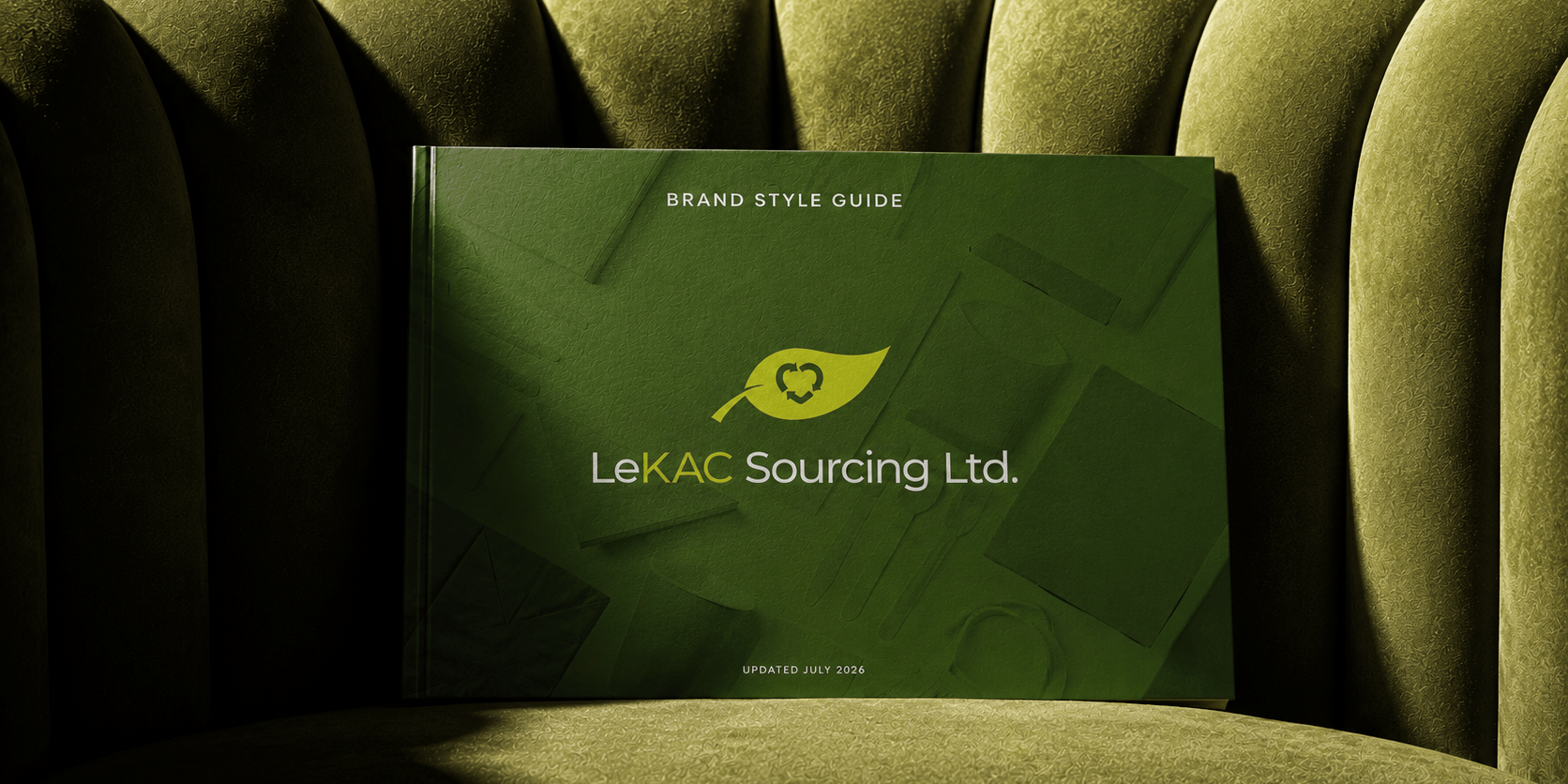 2-Mockup_StyleGuide LeKAC brand guide sitting on green velvet chair